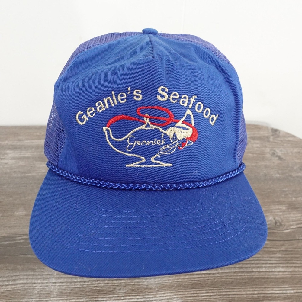 Vintage Geanie's Seafood Hat Cap Trucker Snap Back Blue Mesh Cobra Caps